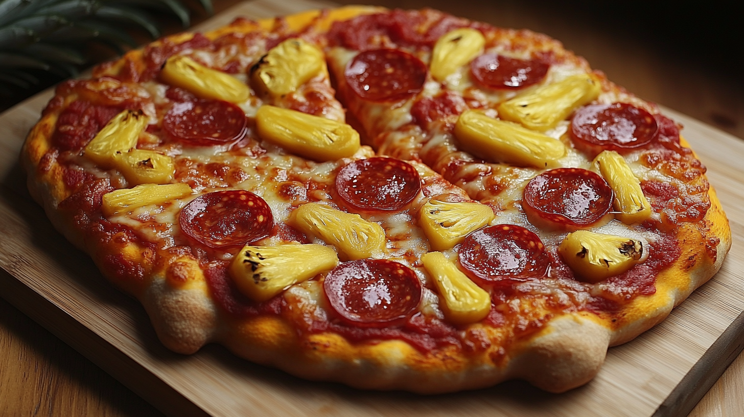 Pizza with pepperoni and ananas, shaped like feet.