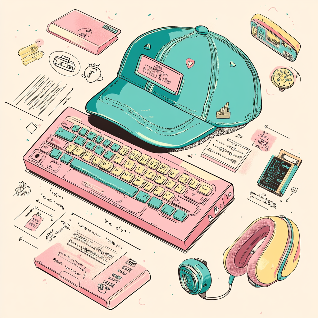 Playful tech illustration with retro gadget and fashion cap.