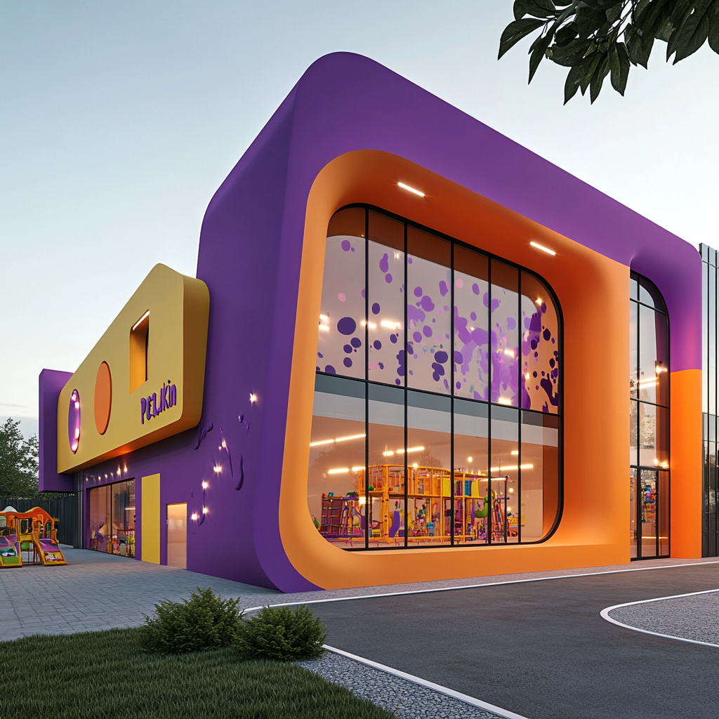 Playroom facade with purple and orange colors, Petukin character