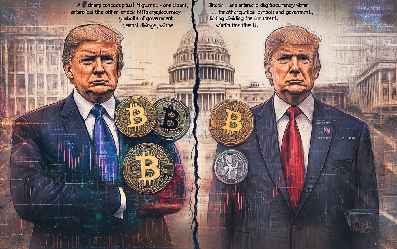 Political figures divided by Bitcoin-NFT chaos vs. law symbol.