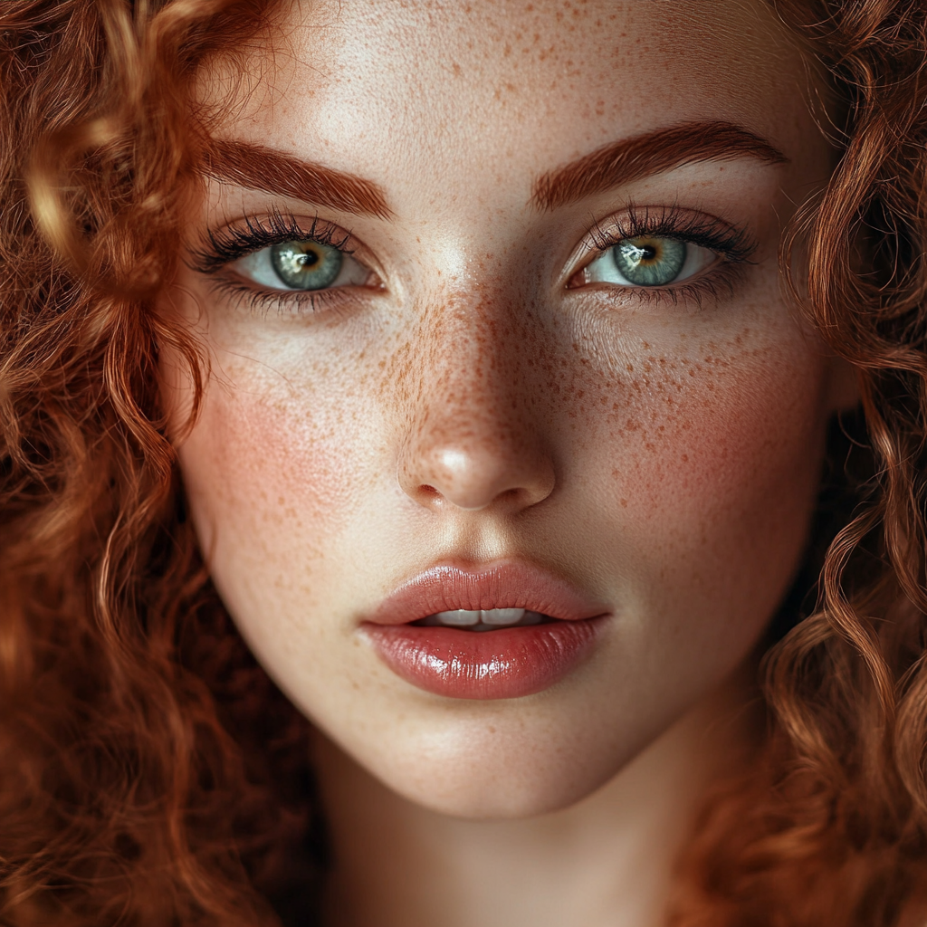 Portrait of a beautiful woman with voluminous lips, curly hair.