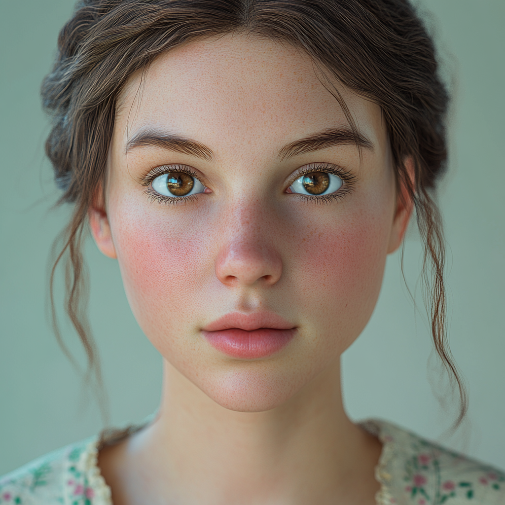 Portrait of a blushing woman with doe-like eyes.