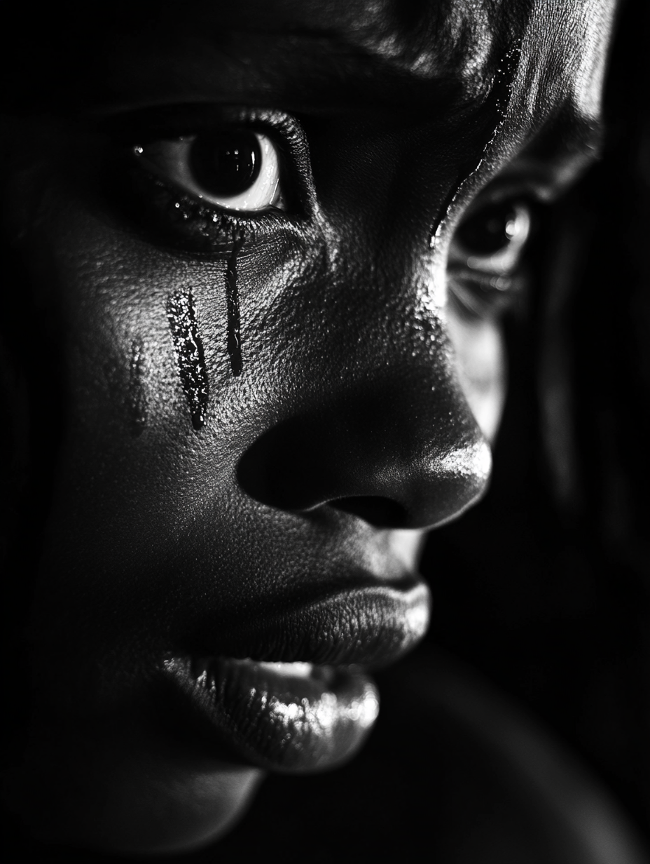 Portrait of emotional African woman with tears in eyes.