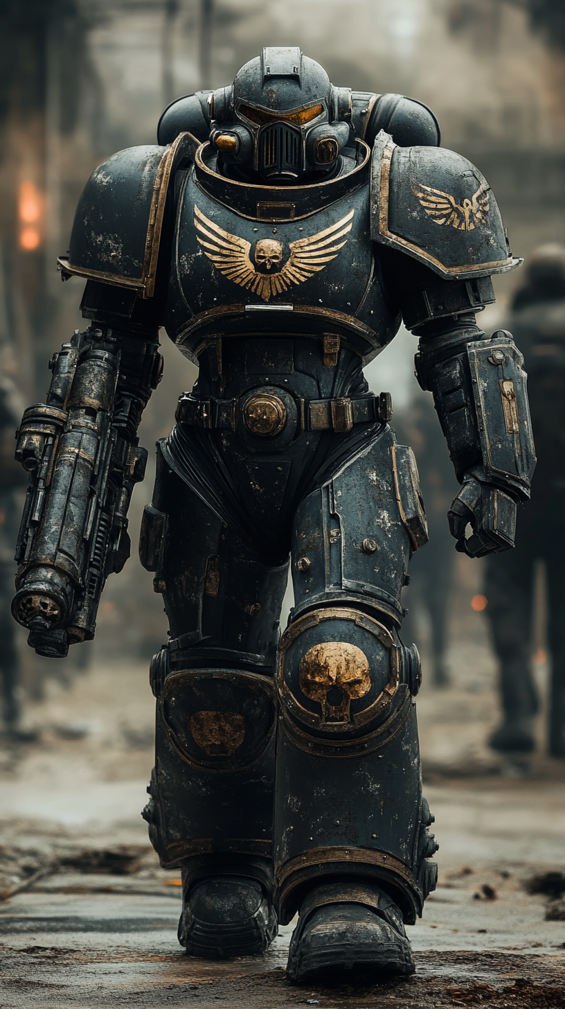 Power armored space marine in cinematic digital art portrayal.