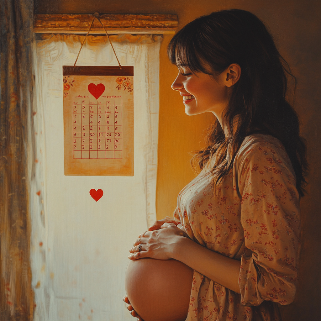 Pregnant woman smiling at heart circled date on calendar.