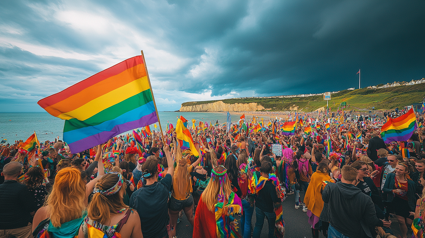 Pride march with diverse crowd waving rainbow flags, dancing.