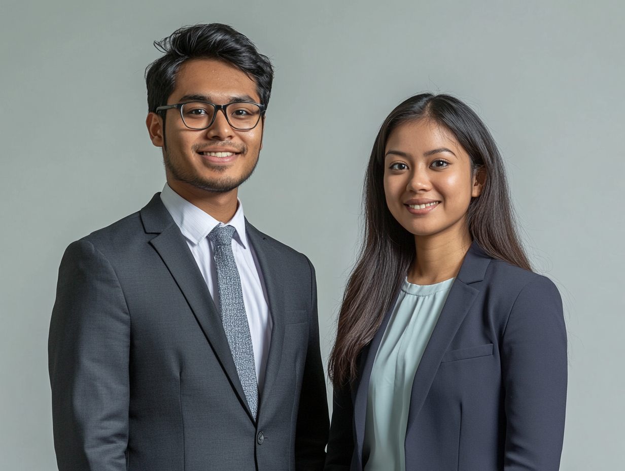 Professional studio portrait of Bangladeshi man and Asian woman representing skilled workforce.