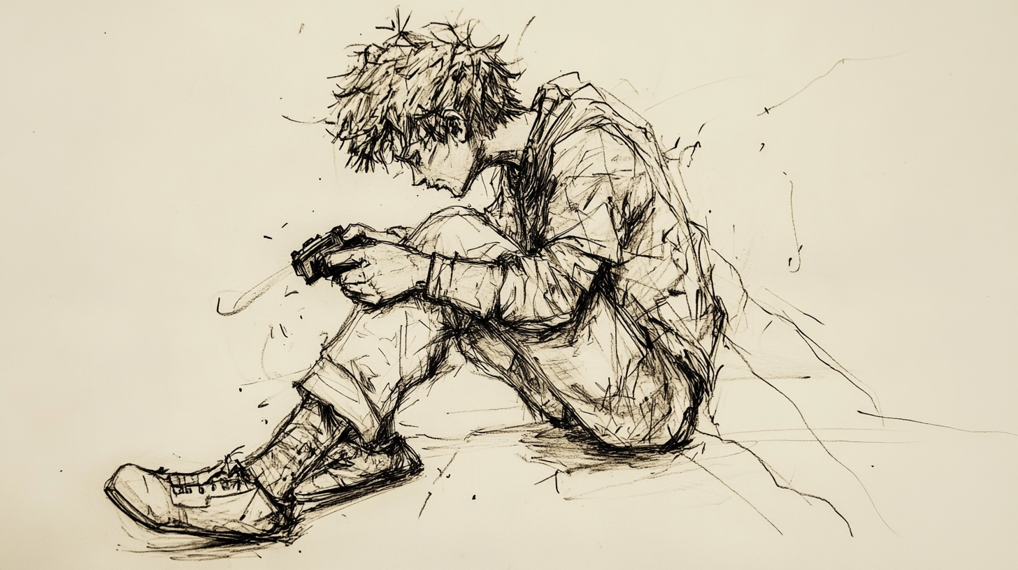 Protagonist collapses in despair, holding game controller.