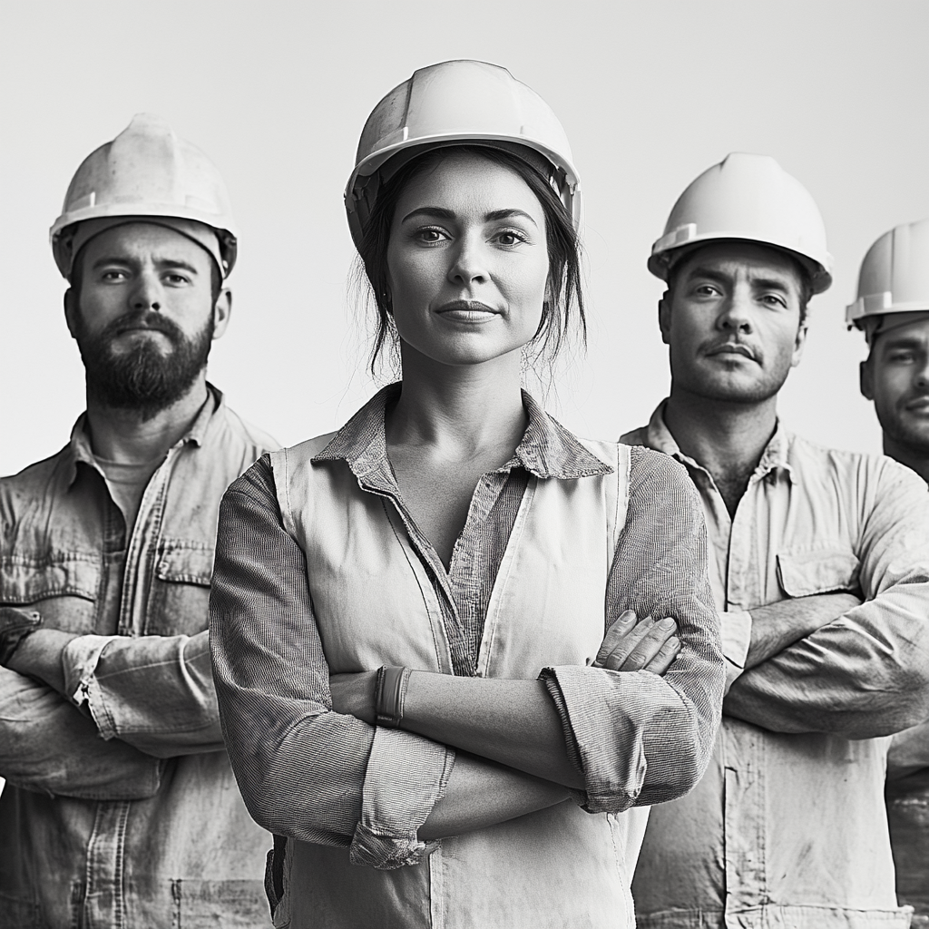 Proud multicultural construction workers pose with folded hands.