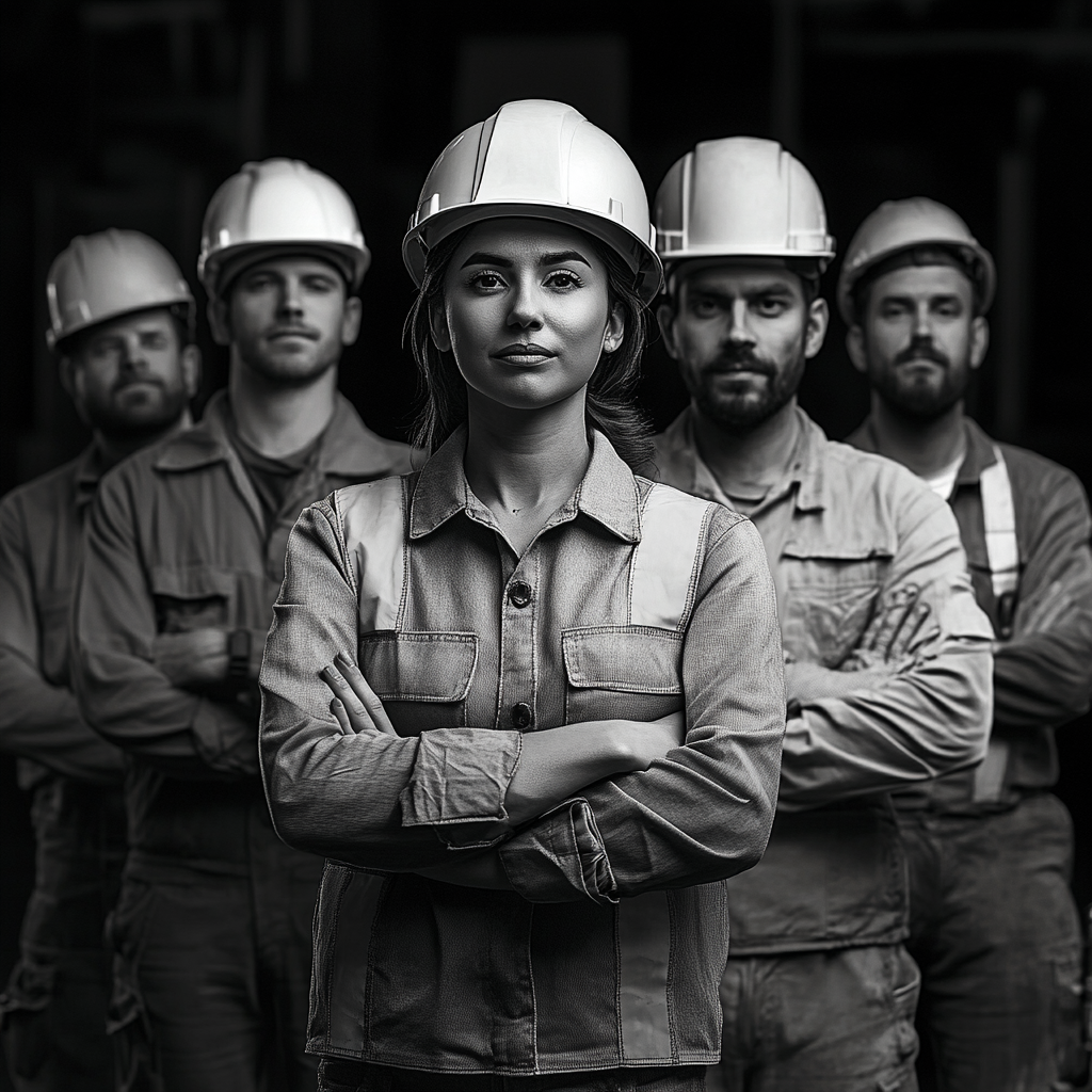 Proud multicultural workers in construction with helmets pose.