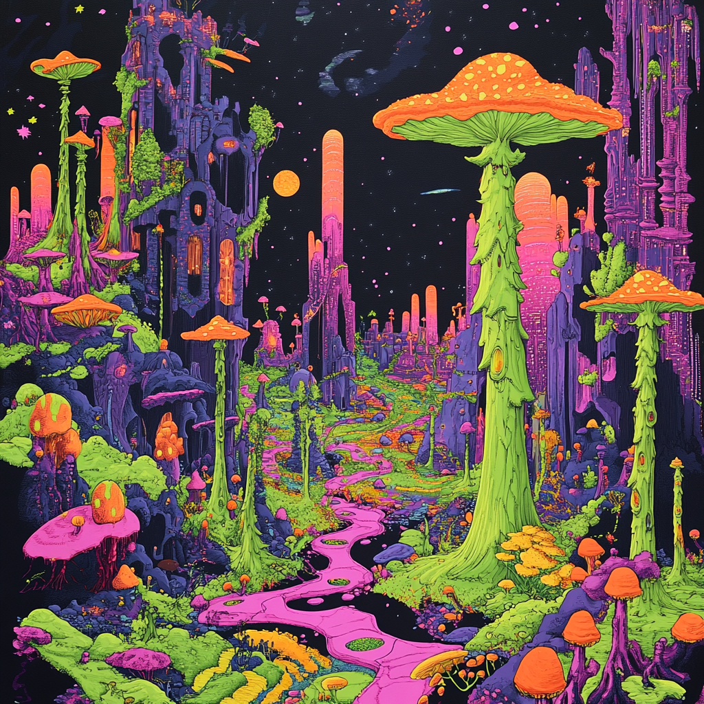 Psychedelic forest fights dark city in colorful battle.