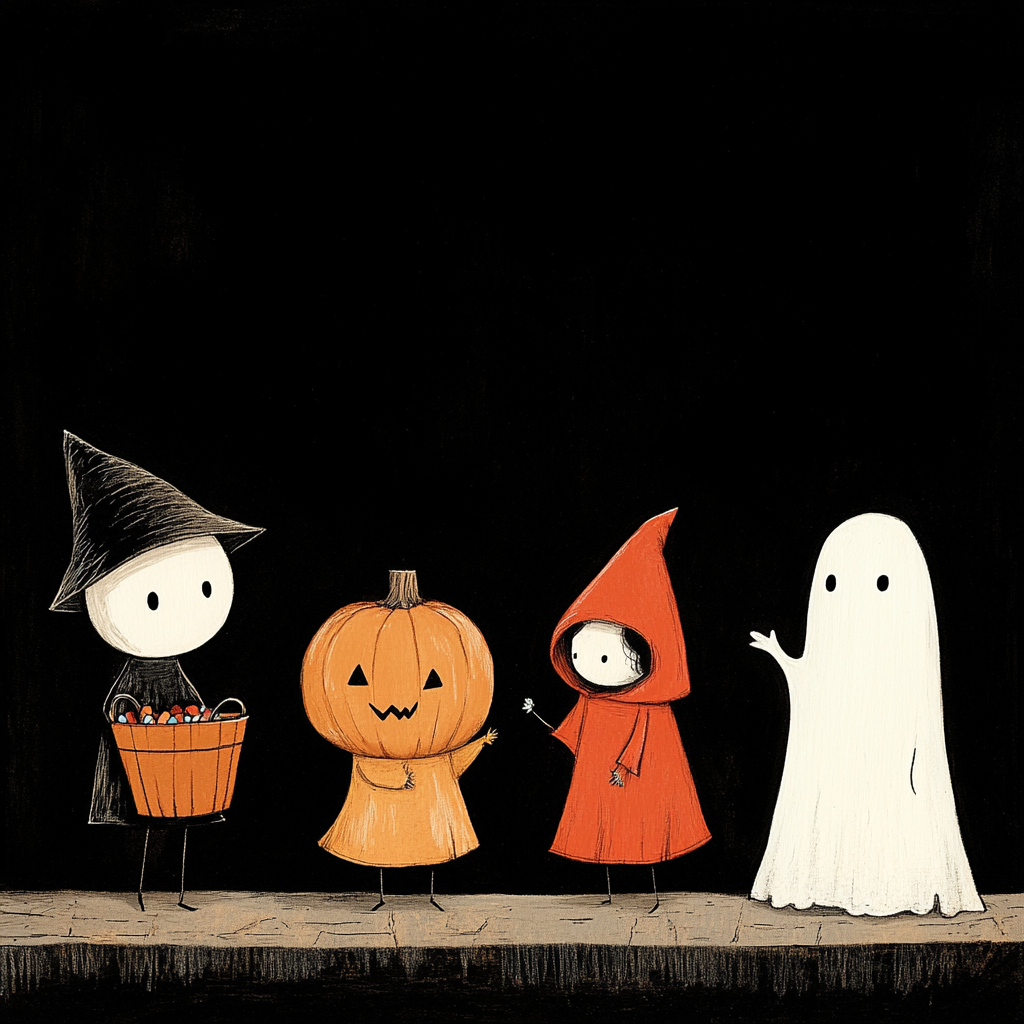 Pumpkin, cat, ghost, colorful costumes, black background illustration.