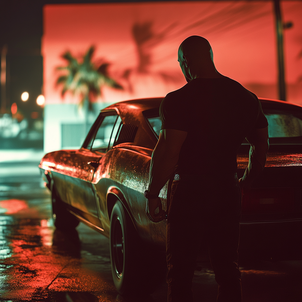 Quick Vin Diesel with car in 1950s-style movie.