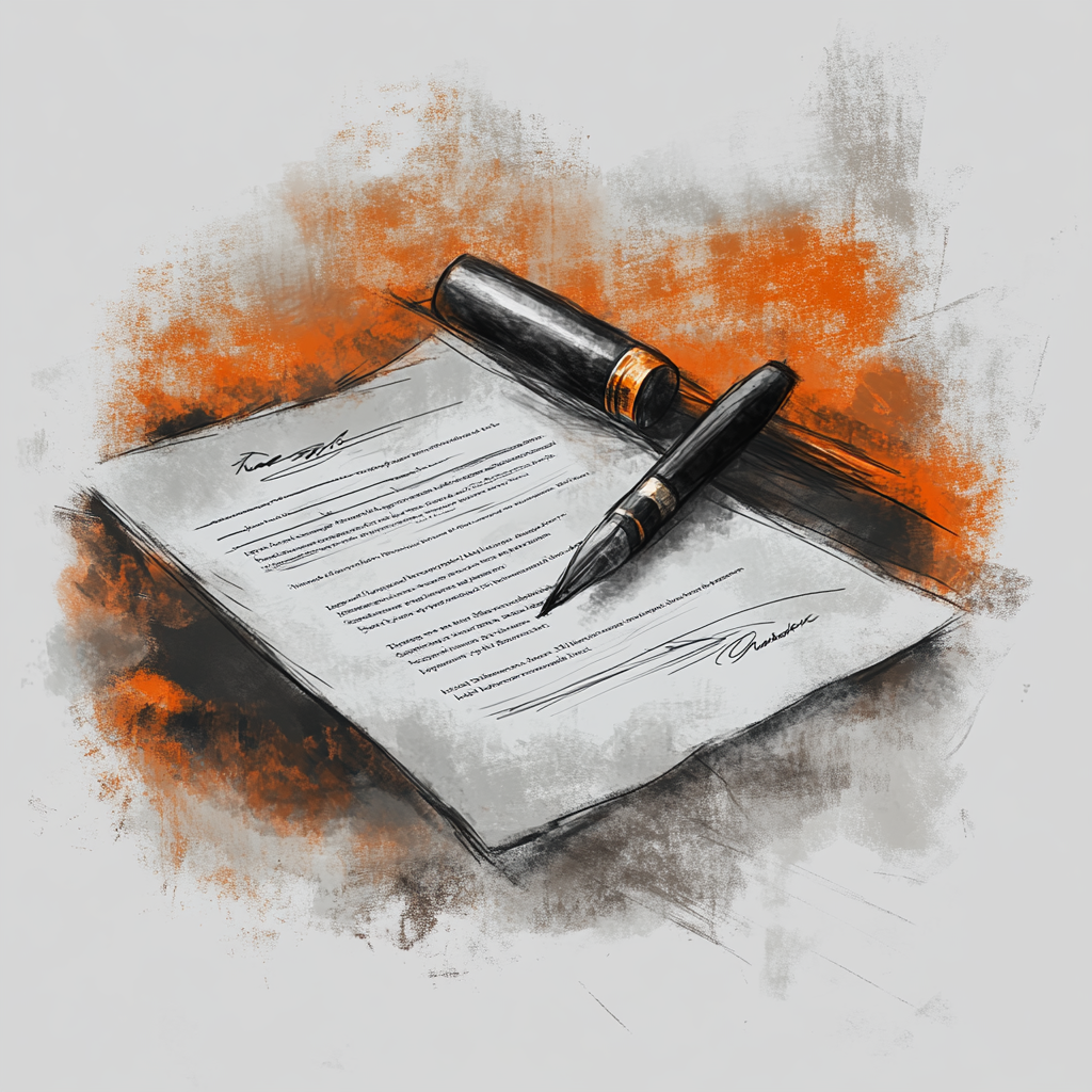 Quill and ink on contract, orange highlights on white.