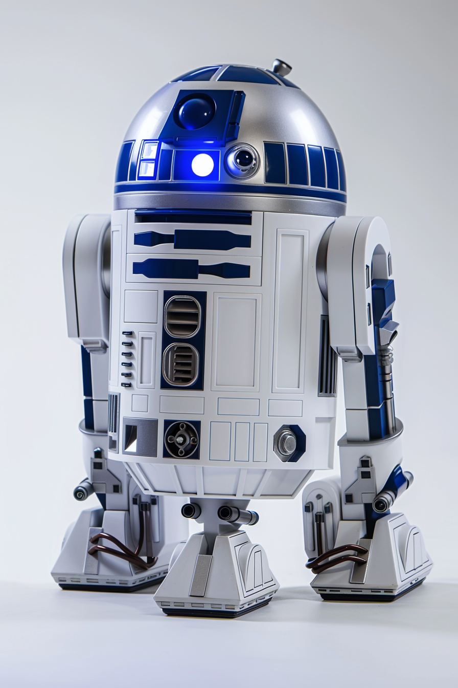 R2D2 with LED glowing eyes, sensors, elegant aesthetic.