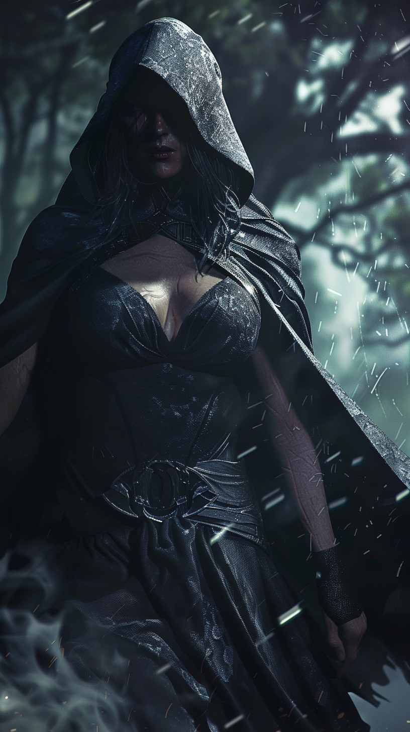 Raven in hooded cloak, dark energy radiating, eerie forest.