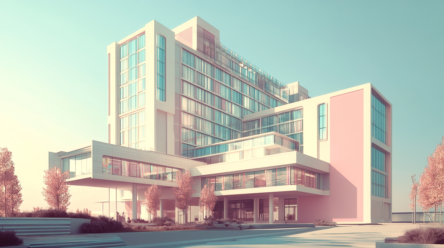 Realistic 3D render of modern hotel in soft colors.