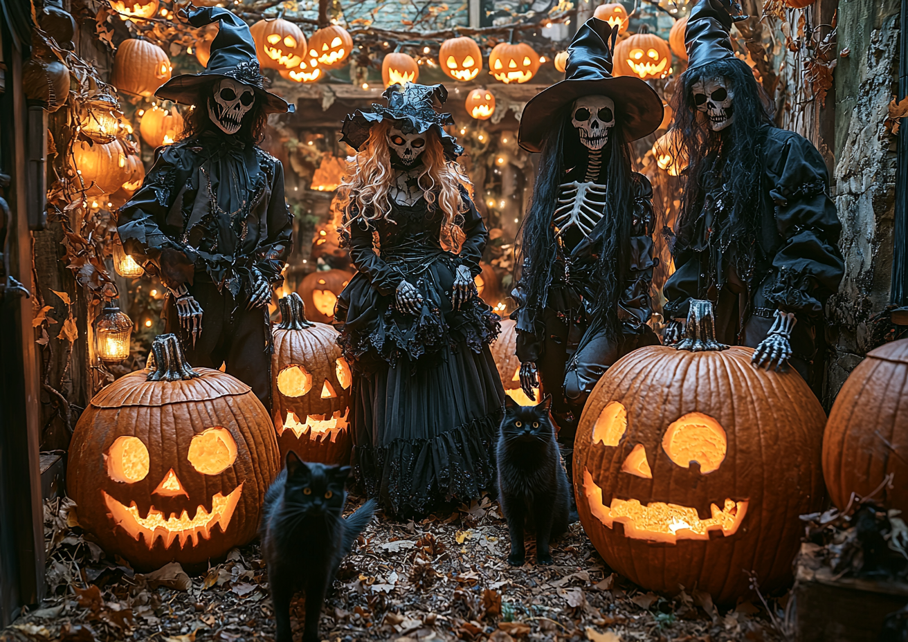 Realistic Halloween scene with costumes, pumpkins, fairy lights.