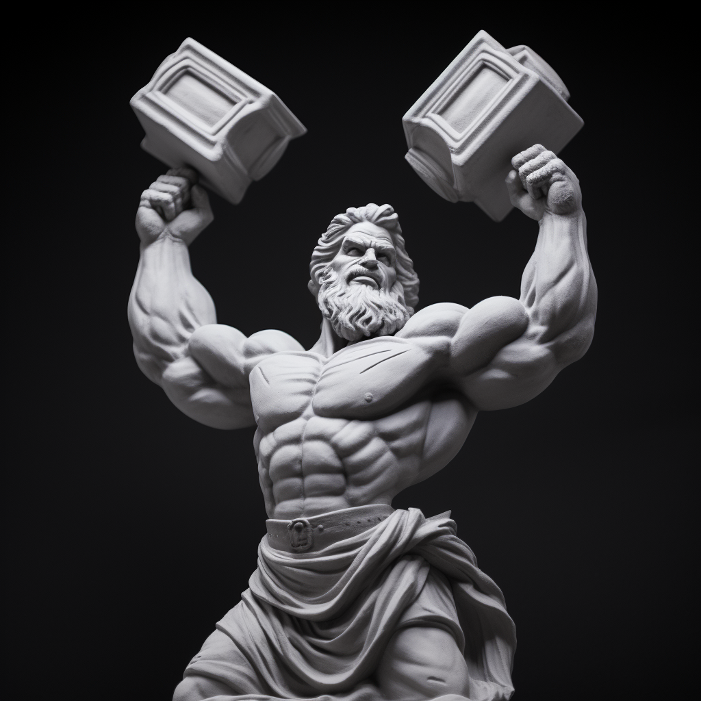 Zeus sculpture lifting dumbbells