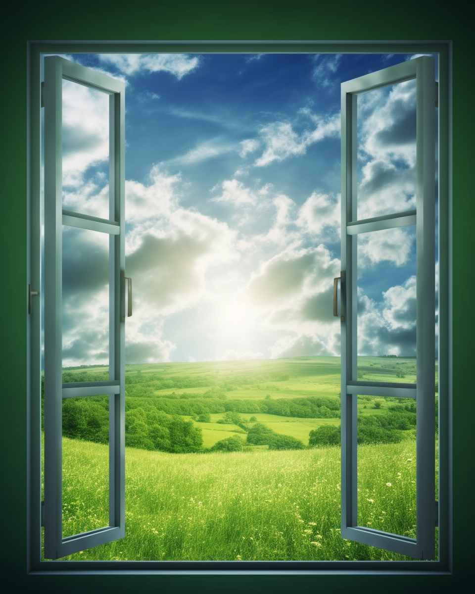 Realistic Window in Sky Over Green Field Imgaery