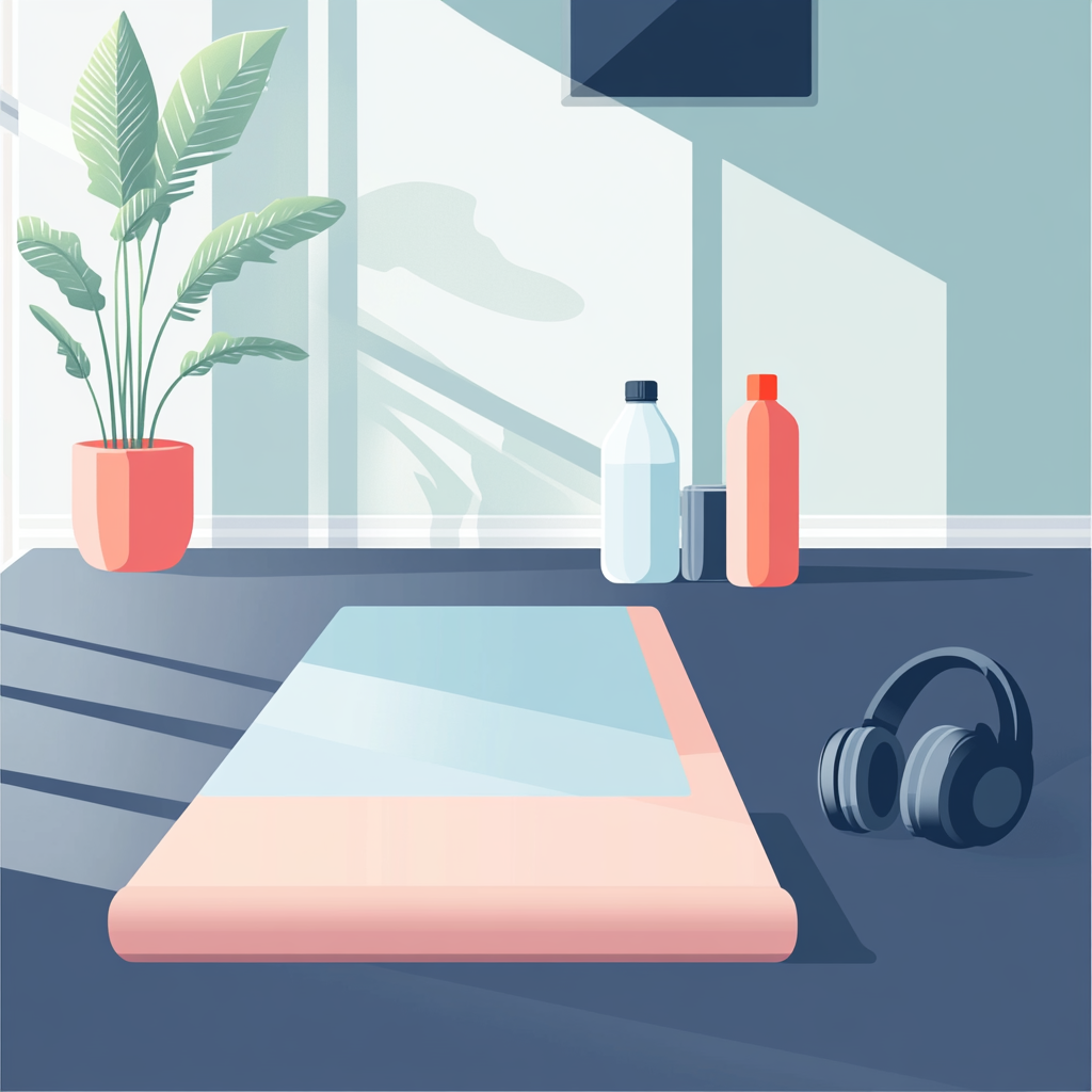 Realistic living room with exercise mat, towel, water bottle.