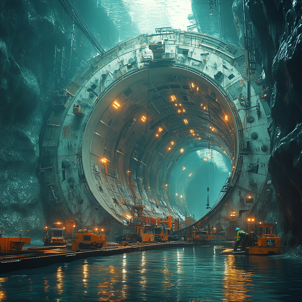 Realistic underwater construction scene with tunnel segments.