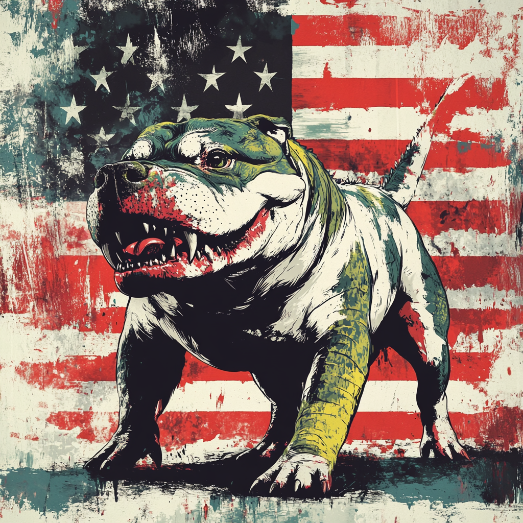 Rebellious alligator biting bulldog symbolizes American football culture.