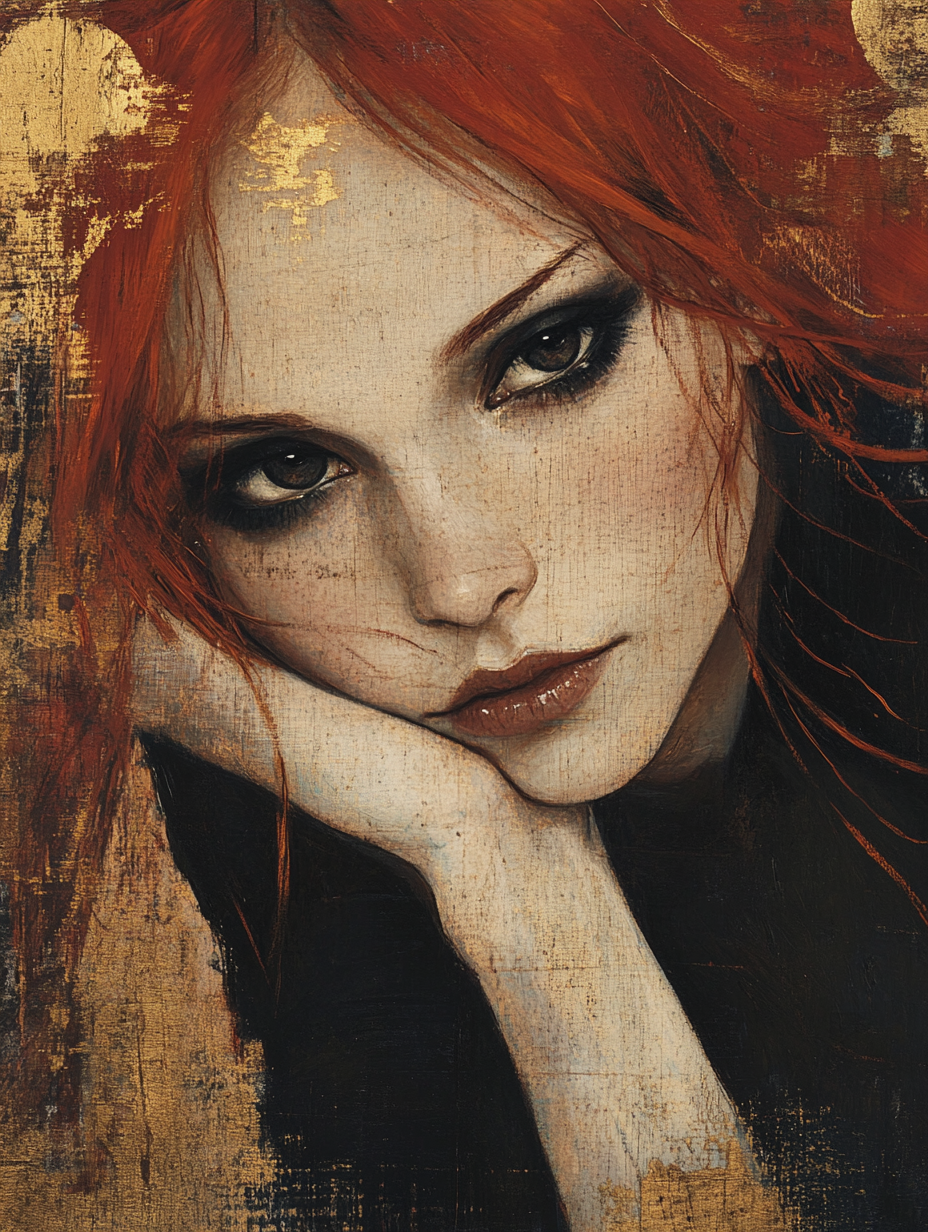 Red-Haired Woman Portrait with Gold Leaf Accents