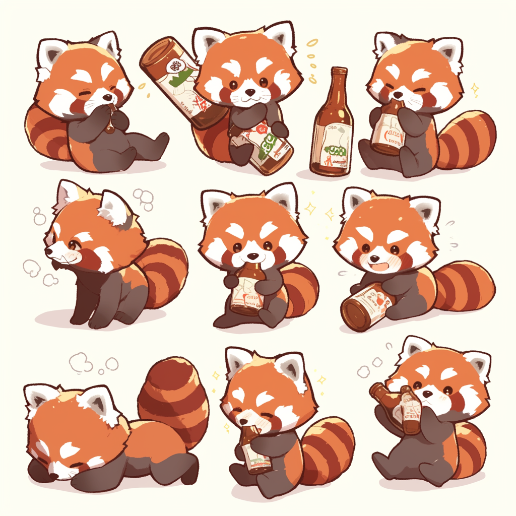 Red Panda Line Stamps Popart Chibi Drinking Poses