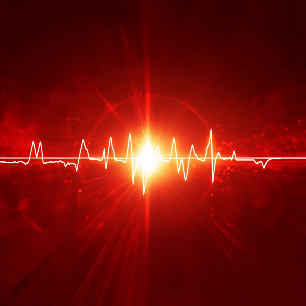 Red background with glowing white heartbeat, symbolizing life and energy.