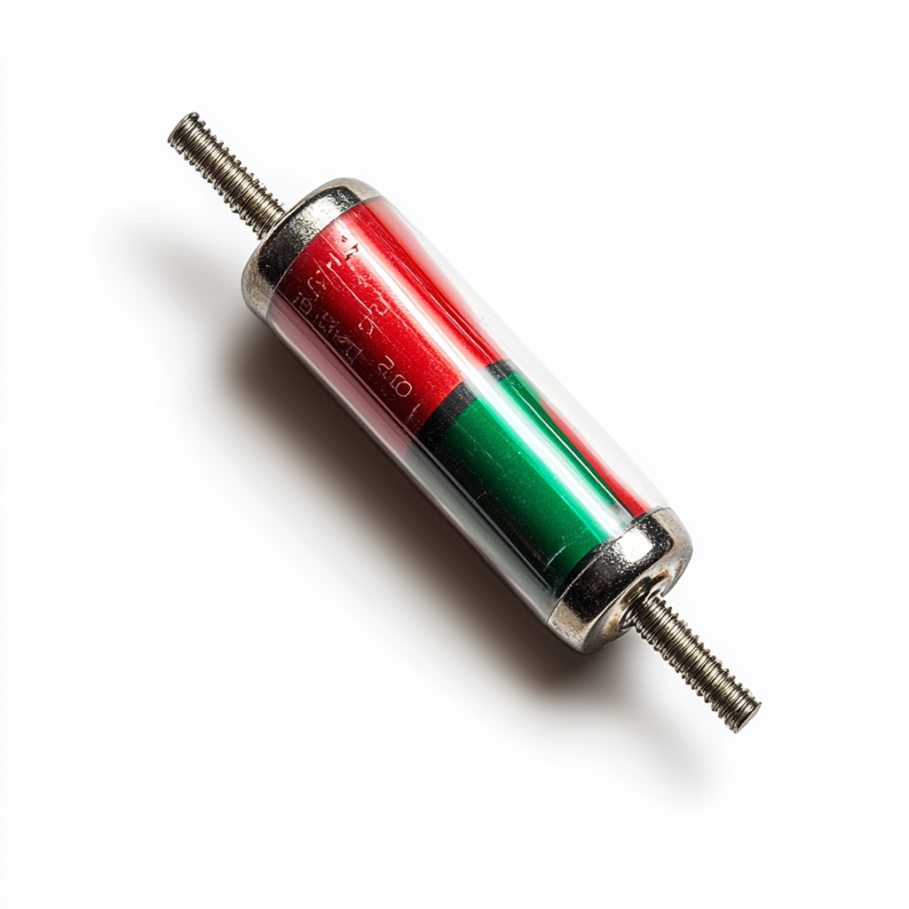 Red electronic capacitor with green stripe, white background, flying.