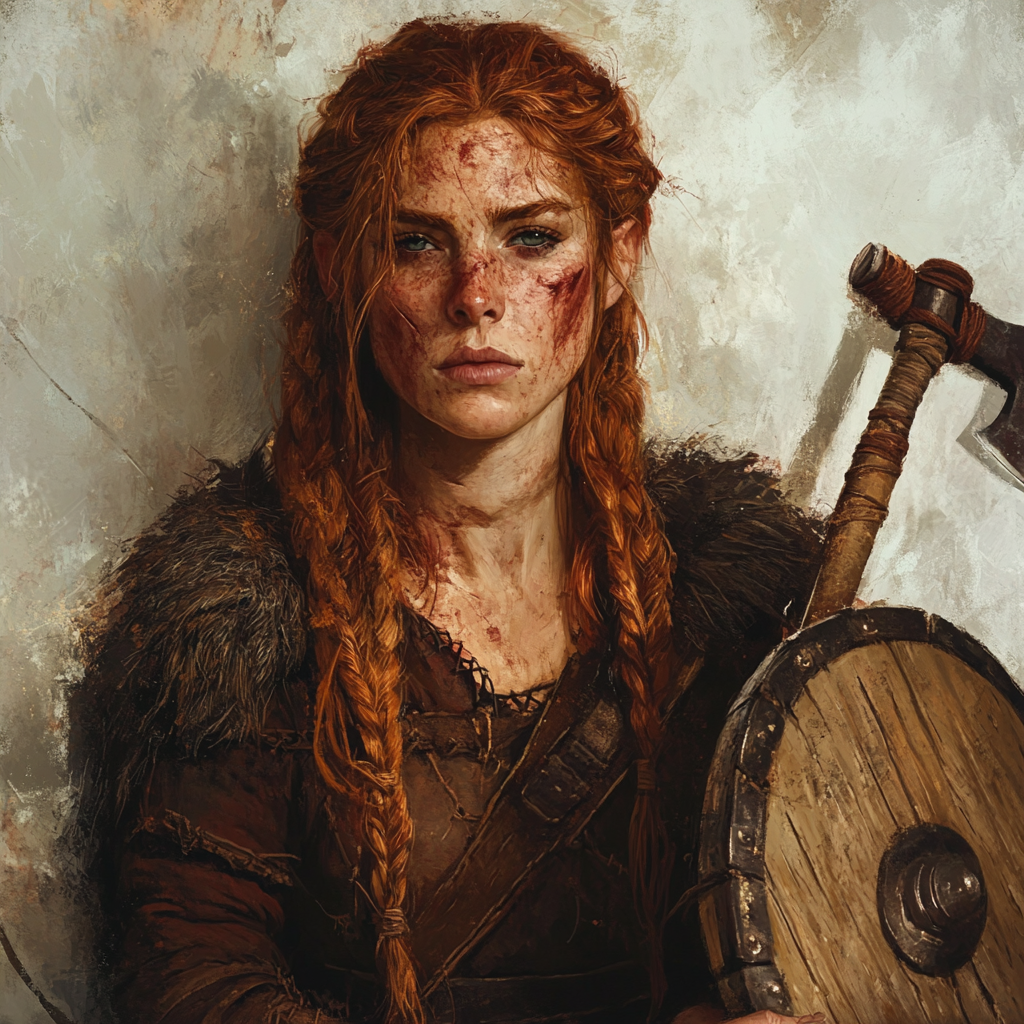 Red-haired viking bard with burn scars playing drum.