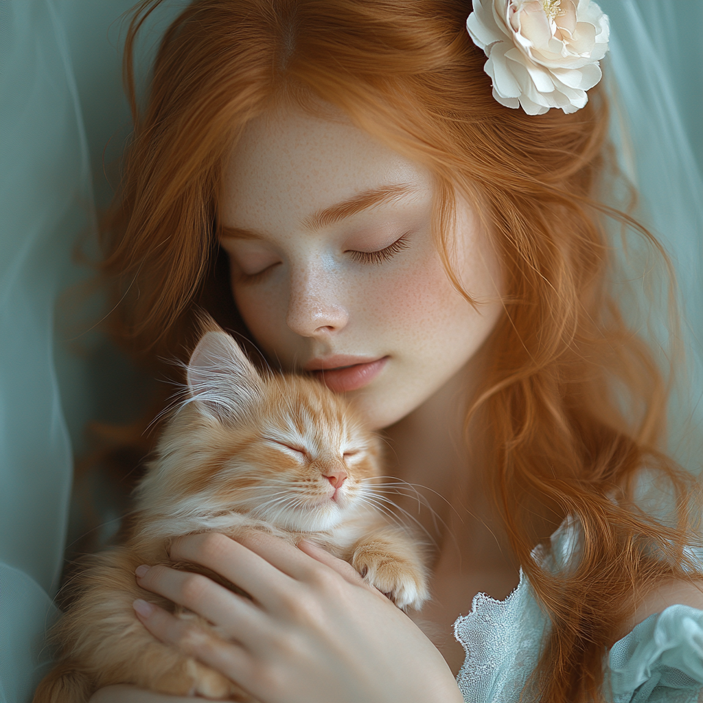 Red-haired woman holding kitten in blue dress.