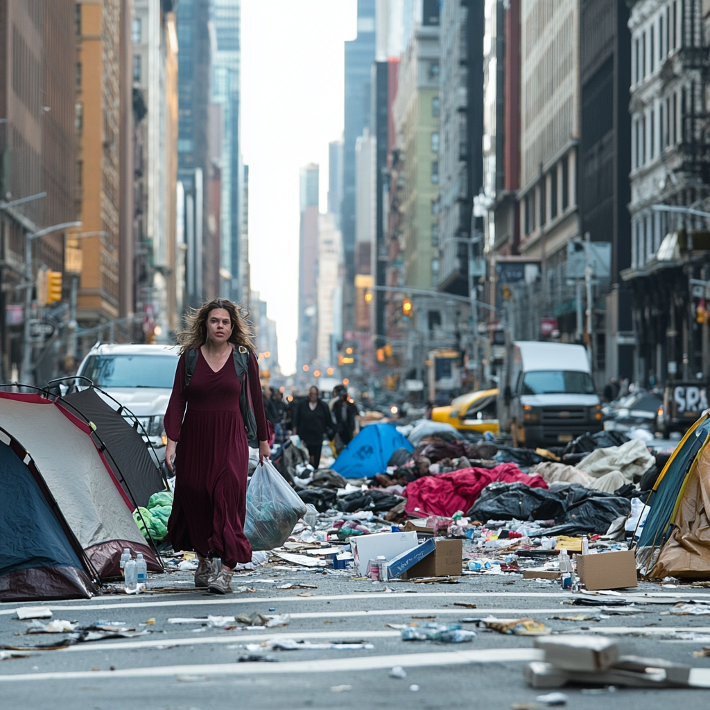 Reporter navigating through NYC homeless tent community for story.