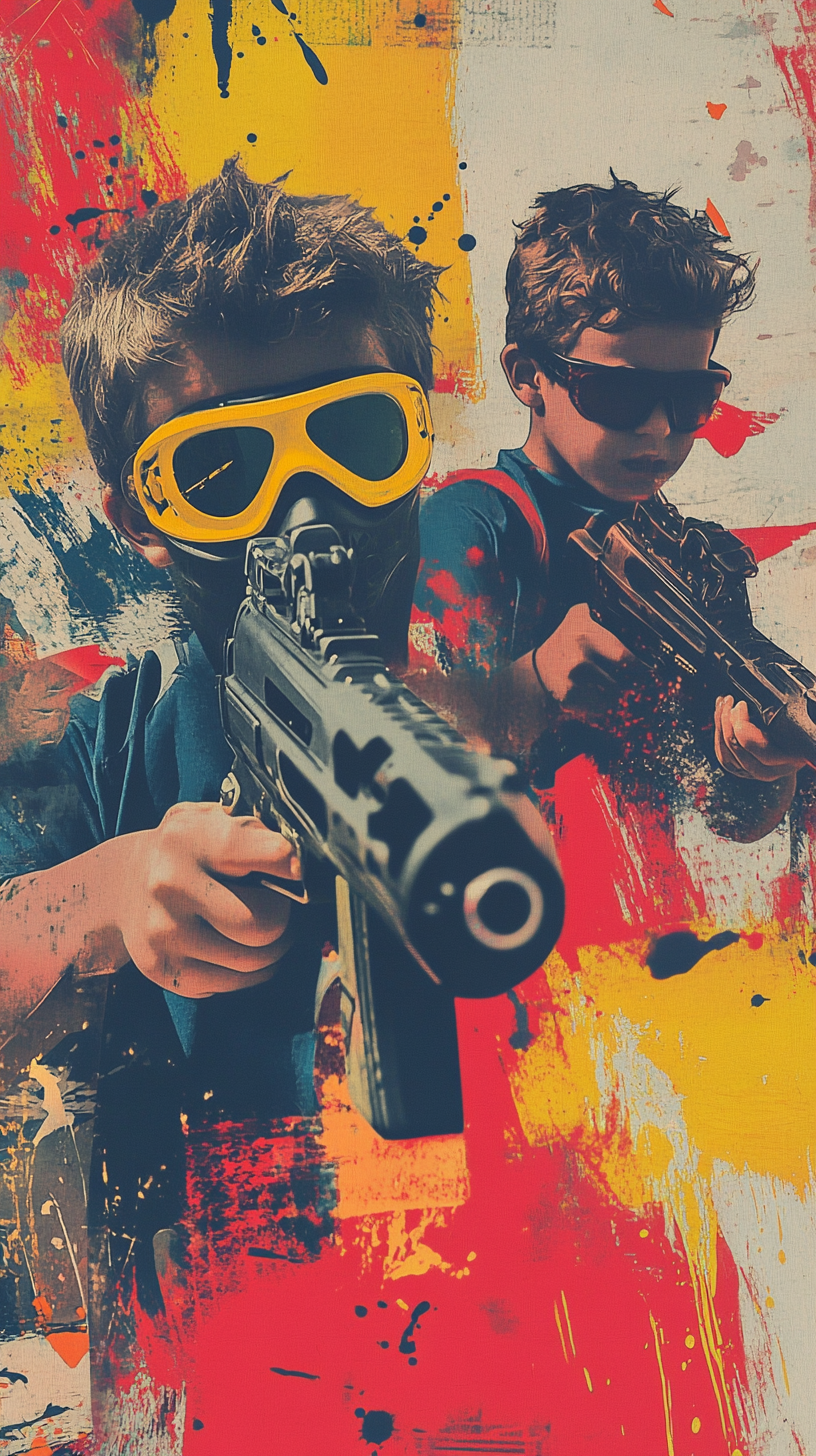 Retro kids birthday party paintball invitation with 80s style.