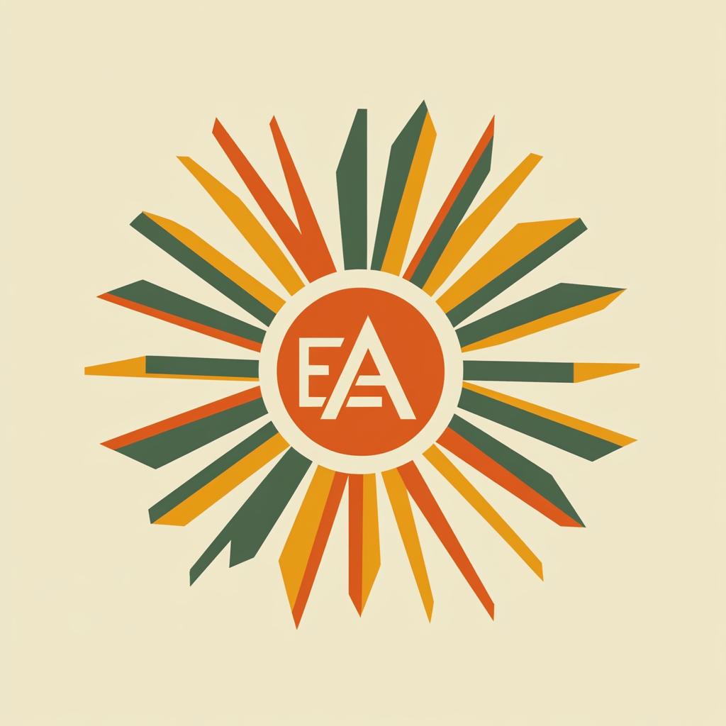 Retro sun logo with 'EA' letters, geometric rays. Casual, warm, nature feel.