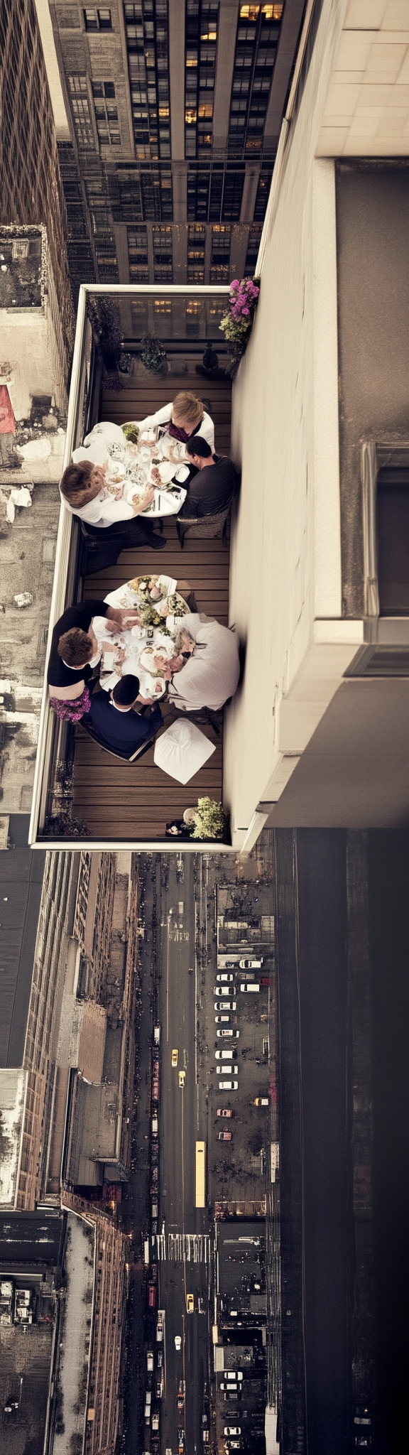 Rich couple dining on skyscraper terrace, surrounded by poverty.