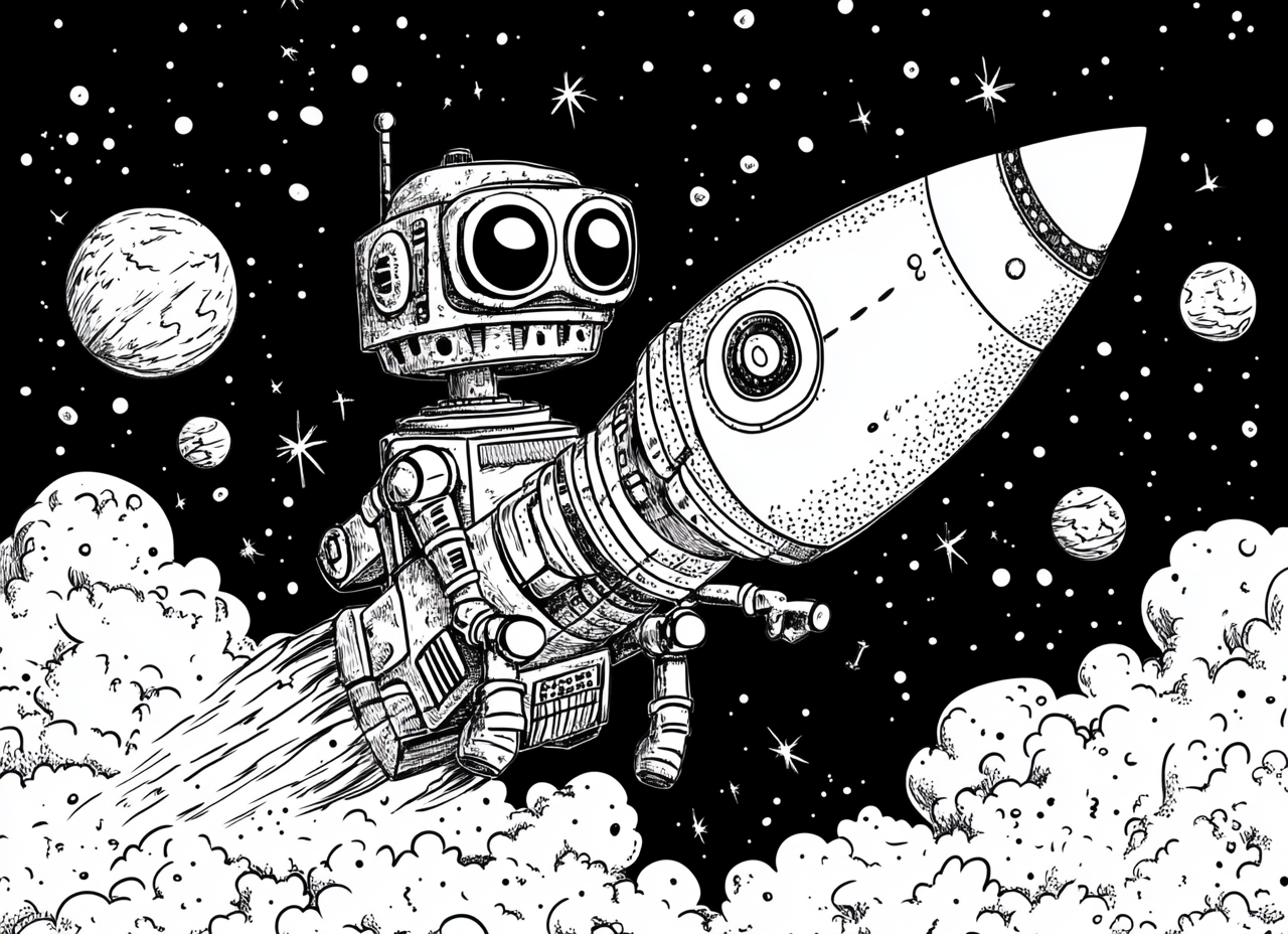 Robot piloting rocket in starry sky coloring page.