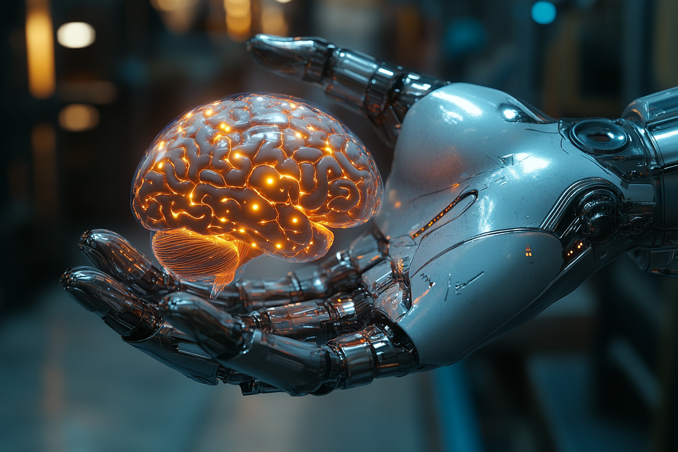 Robotic hand holds glowing brain in hologram style scene.