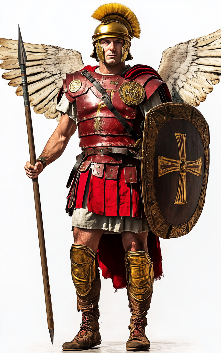 Roman soldier in red armor, gold helmet and shield.