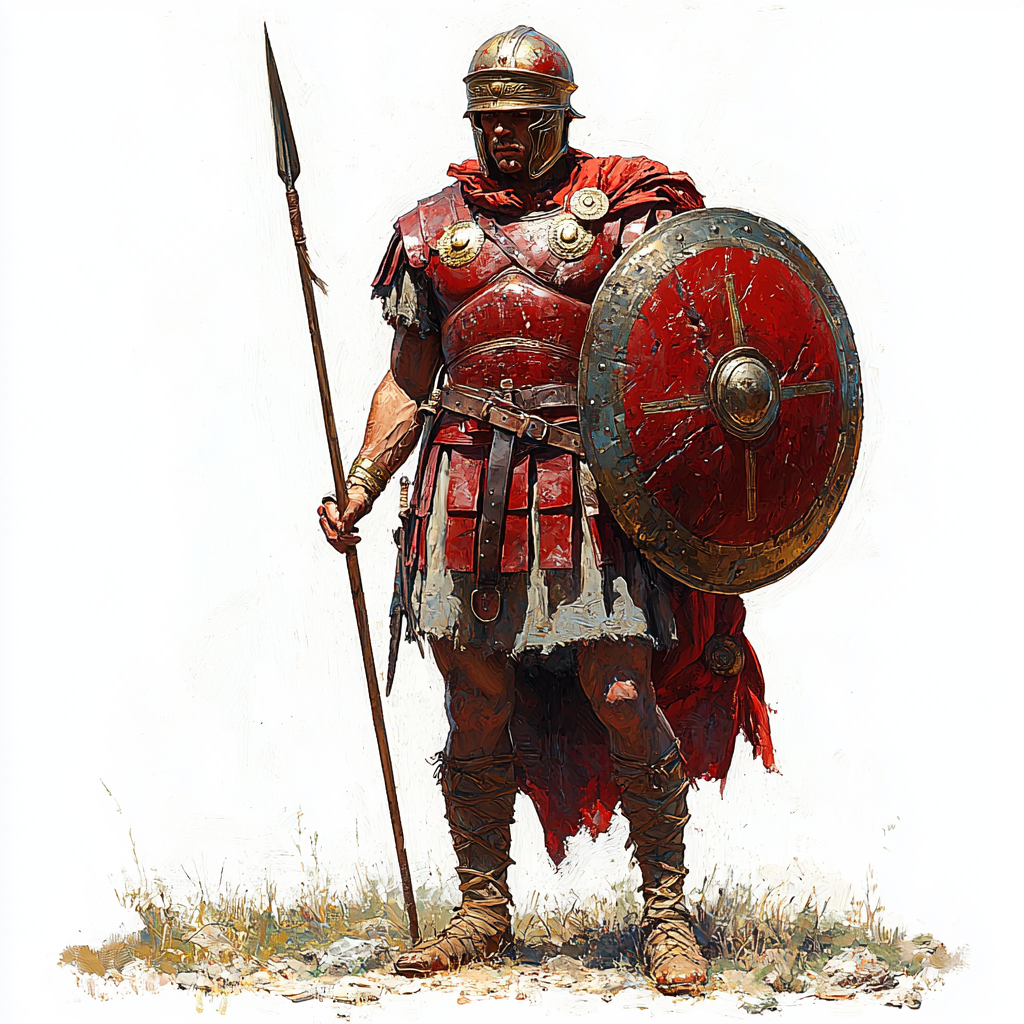 Roman soldier in red armor with spear and shield.