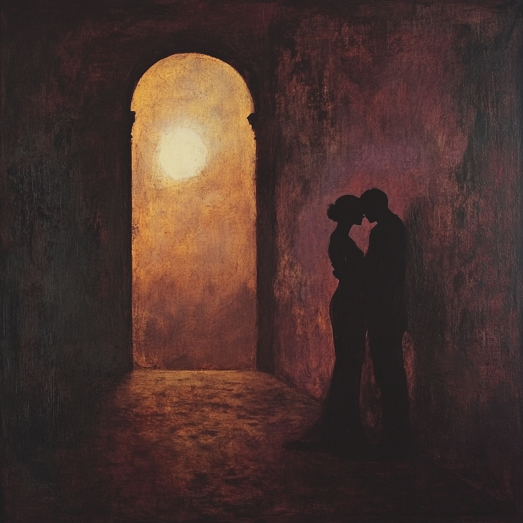 Romantic, evocative silhouettes in intimate, softly illuminated setting.