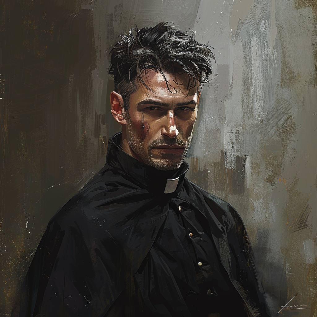 Rugged priest Simon in dystopian setting, unique features highlighted.