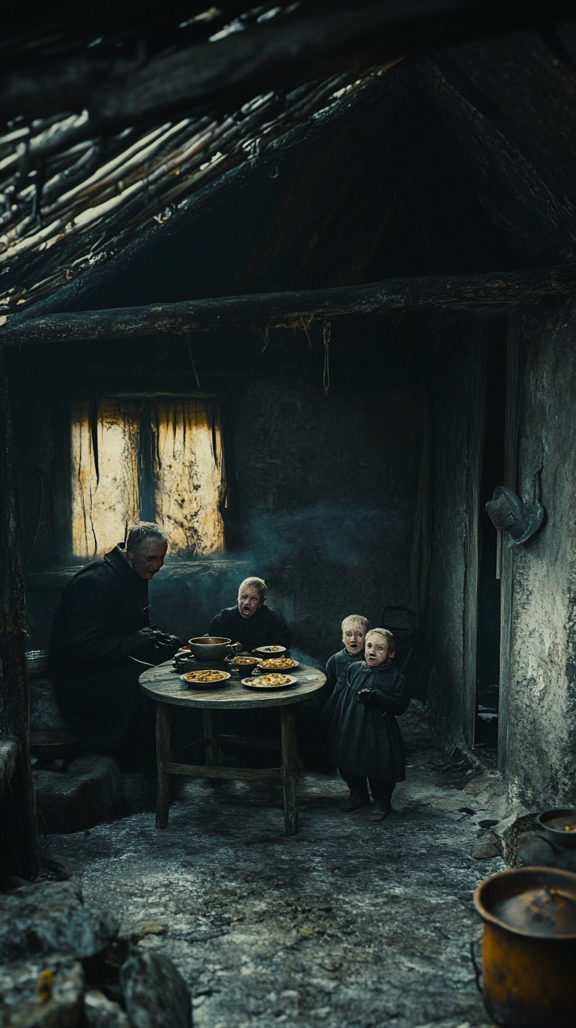 Russian family in bleak hut during famine 