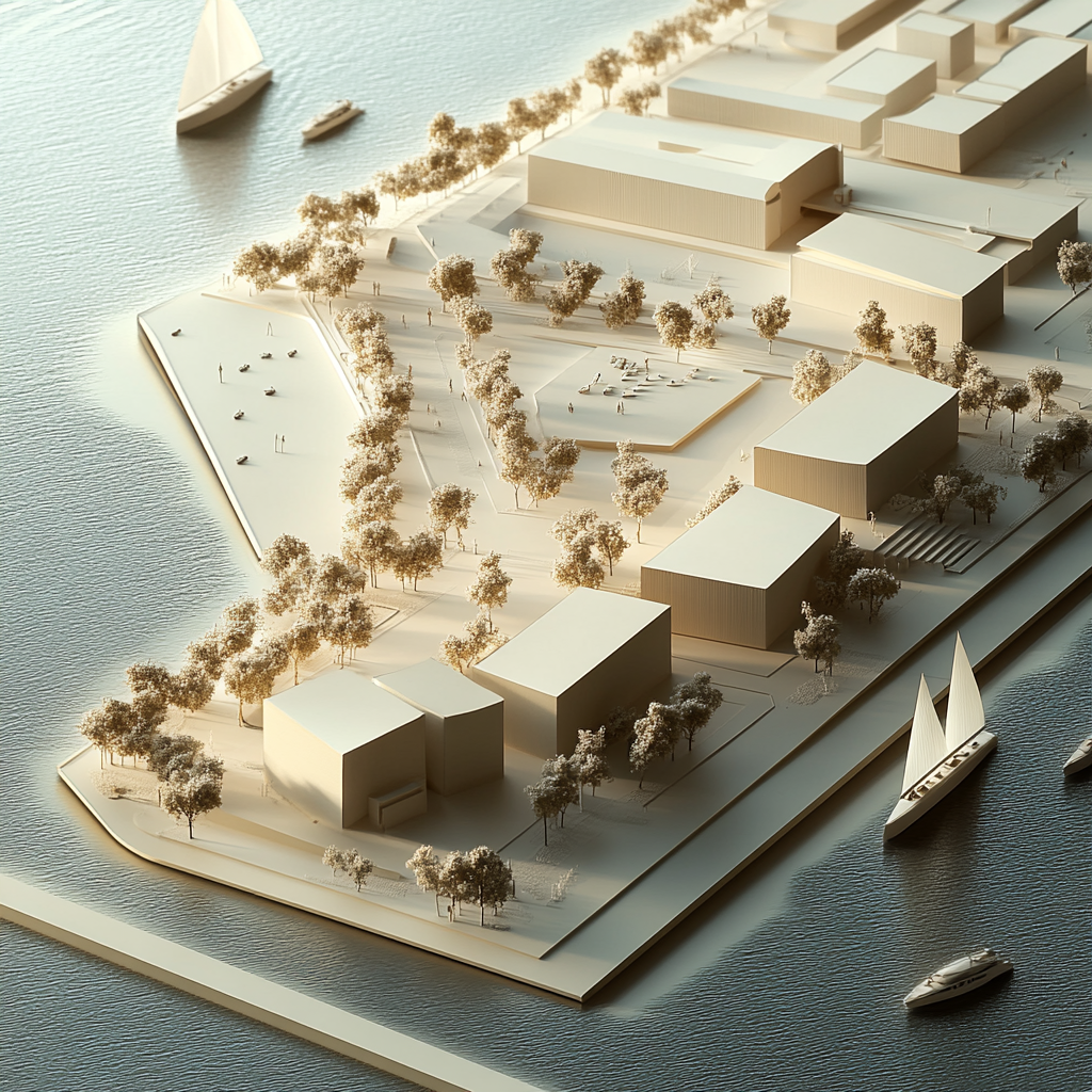 Sailing club massing model on 30,000 sqm site.