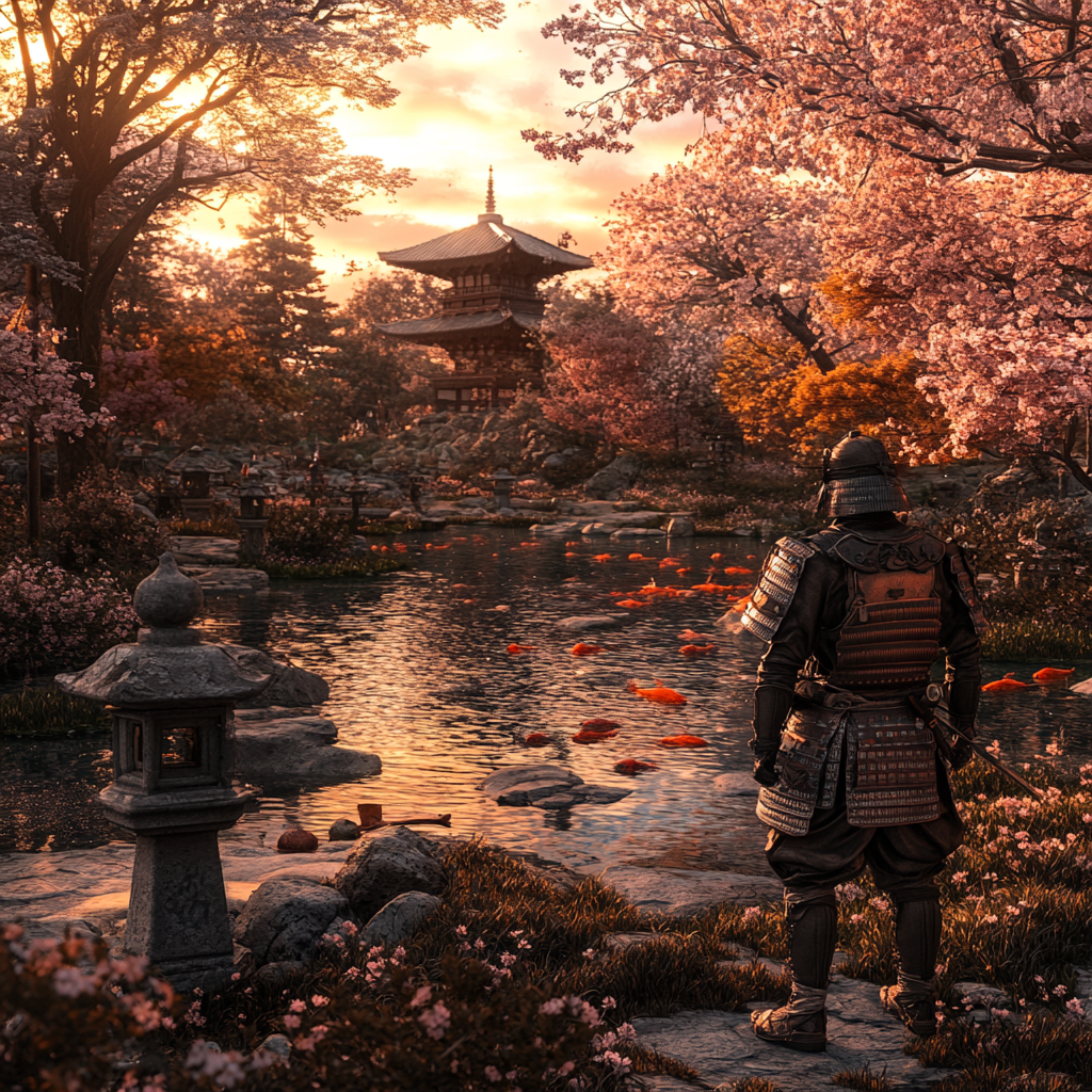 Samurai in garden at sunset, reflecting on time.