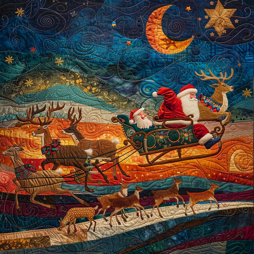 Santa in quilt-style sleigh, reindeer flying in sky.