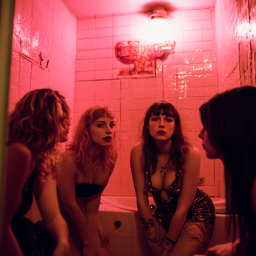 Sarah joins three women in punk disco restroom.