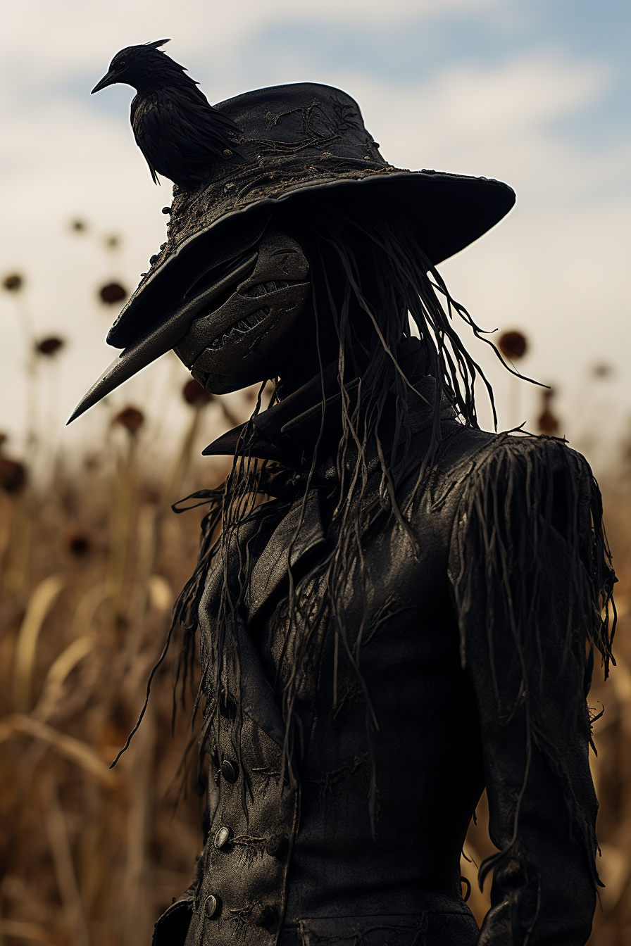 Scary scarecrow in field with evil crows.