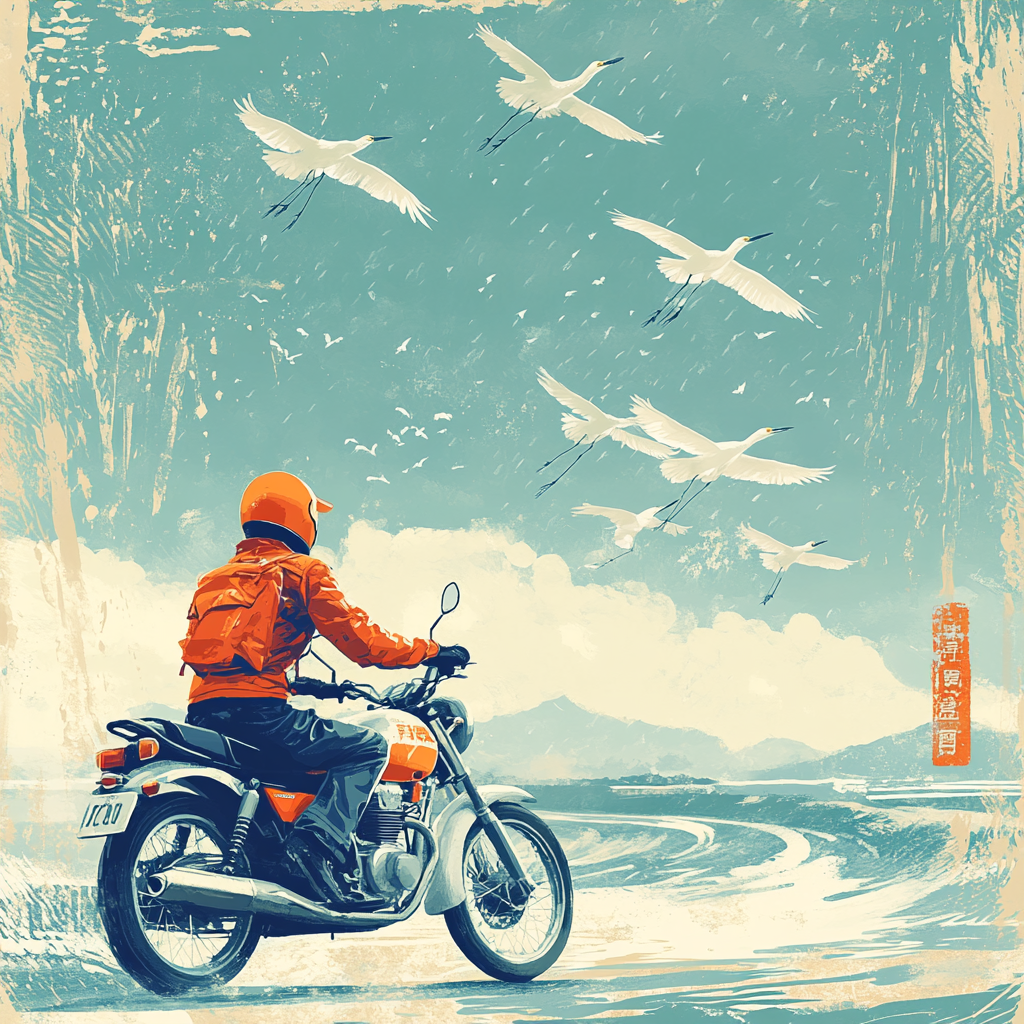 Seasonal Bai Lu Poster: Motorcycle, Egrets, Blue White Orange